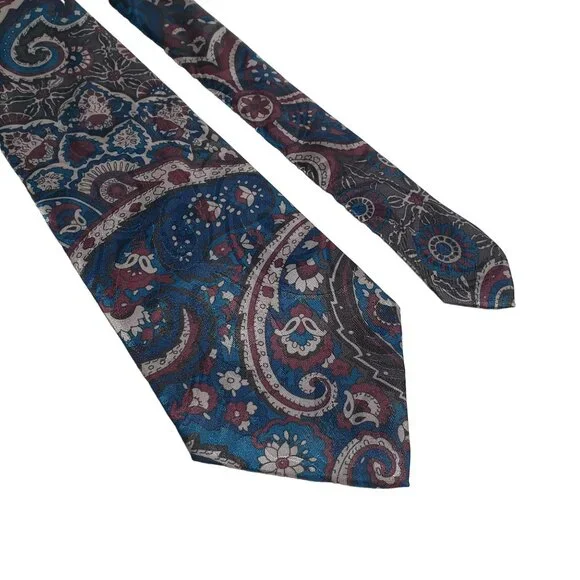 Manhattan Vintage Designer Floral Blue Maroon Silver Work Office Necktie Tie - Picture 2 of 5